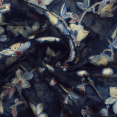 Floral Digital Print on Brasso Fabric with Midnight Blue Base