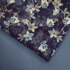 Floral Digital Print on Brasso Fabric with Indigo Base