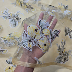 Pastel Yellow Brasso Organza Fabric with Light Yellow Floral Digital Print