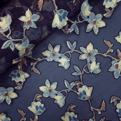 Floral Digital Print on Brasso Fabric with Indigo Base