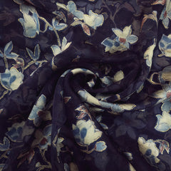 Floral Digital Print on Brasso Fabric with Indigo Base