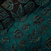 Blue Green Leaf Digital Print on Brasso Fabric with Black Base