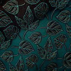Blue Green Leaf Digital Print on Brasso Fabric with Black Base