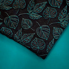 Blue Green Leaf Digital Print on Brasso Fabric with Black Base