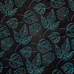 Blue Green Leaf Digital Print on Brasso Fabric with Black Base