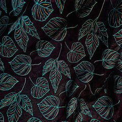 Blue Green Leaf Digital Print on Brasso Fabric with Black Base
