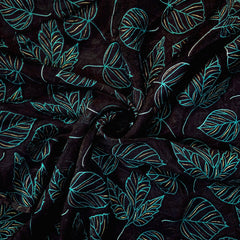 Blue Green Leaf Digital Print on Brasso Fabric with Black Base