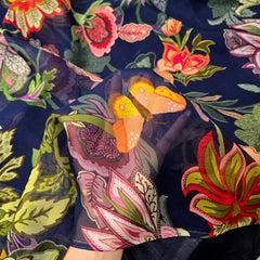 Multi-color Floral Digital Print on Midnight Blue Organza Fabric