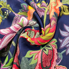 Multi-color Floral Digital Print on Midnight Blue Organza Fabric