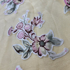 Pastel Yellow Brasso Organza Fabric with Light Pink Floral Digital Print