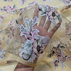 Pastel Yellow Brasso Organza Fabric with Light Pink Floral Digital Print