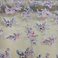Pastel Yellow Brasso Organza Fabric with Light Pink Floral Digital Print