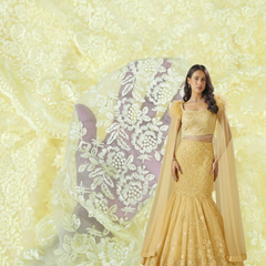 Embroidered Light Yellow Net Fabric with Intricate rose patterns