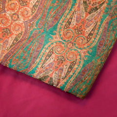 Digitally Printed Crepe Two Tone Fabric with Mutli-color Paisley Motifs on Teal Blue Color