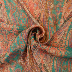 Digitally Printed Crepe Two Tone Fabric with Mutli-color Paisley Motifs on Teal Blue Color