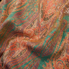 Digitally Printed Crepe Two Tone Fabric with Mutli-color Paisley Motifs on Teal Blue Color