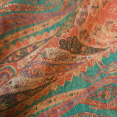 Digitally Printed Crepe Two Tone Fabric with Mutli-color Paisley Motifs on Teal Blue Color