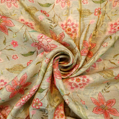 Digitally Printed Crepe Two Tone Fabric with Pink Floral Print on Biege Color Base