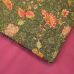 Digitally Printed Crepe Two Tone Fabric with Pink Floral Print on Seaweed Color