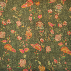 Digitally Printed Crepe Two Tone Fabric with Pink Floral Print on Seaweed Color