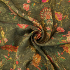 Digitally Printed Crepe Two Tone Fabric with Pink Floral Print on Seaweed Color