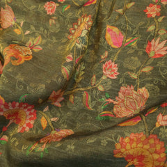 Digitally Printed Crepe Two Tone Fabric with Pink Floral Print on Seaweed Color