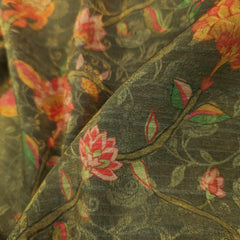 Digitally Printed Crepe Two Tone Fabric with Pink Floral Print on Seaweed Color