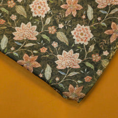 Digitally Printed Crepe Two Tone Fabric with Pink Floral Print on Moss Green Color