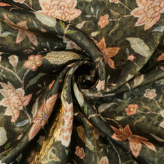 Digitally Printed Crepe Two Tone Fabric with Pink Floral Print on Moss Green Color