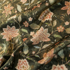 Digitally Printed Crepe Two Tone Fabric with Pink Floral Print on Moss Green Color