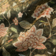 Digitally Printed Crepe Two Tone Fabric with Pink Floral Print on Moss Green Color