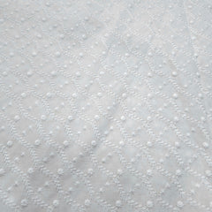 White Chikankari Cotton Fabric with Wavy Diagonal Lines