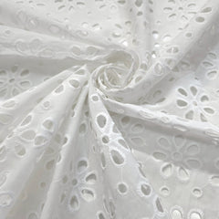 White Cotton Fabric with Floral Cutwork