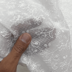 White Chikankari Kota Doria Fabric with Floral Self Embroidery