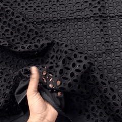 Black Cotton Fabric with Floral Cutwork Design