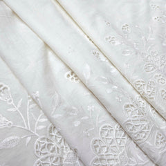 Off-White Cotton Fabric with Floral Cutwork Border