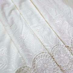 Off-White Cotton Fabric with Floral Cutwork Border