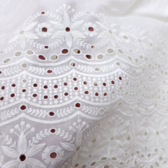 Off-White Cotton Fabric with all over Chikankari Butta Work & Floral Hakoba Border