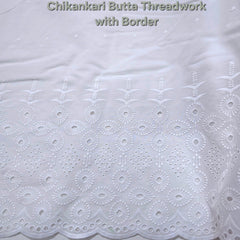 White Cotton Fabric with all over Chikankari Butta Work & Floral Hakoba Border