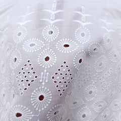 White Cotton Fabric with all over Chikankari Butta Work & Floral Hakoba Border