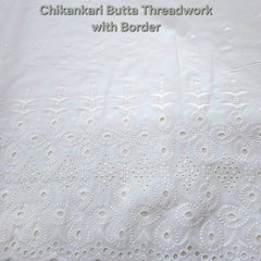 Off-White Cotton Fabric with all over Chikankari Butta Work & Floral Hakoba Border