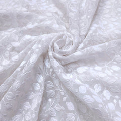 White Georgette Fabric with all over Floral Chikankari Work
