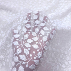 White Georgette Fabric with all over Floral Chikankari Work