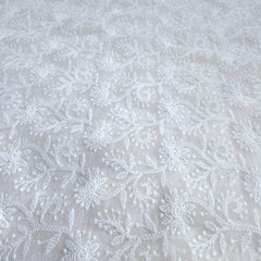White Georgette Fabric with all over Floral Chikankari Work