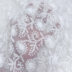 White Georgette Fabric with all over Floral Chikankari Work
