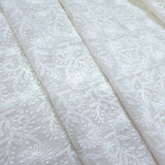 White Georgette Fabric with all over Floral Chikankari Work