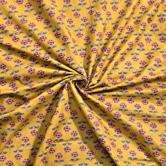 Digital Print Yellow Cotton Fabric with Contrast Floral Design