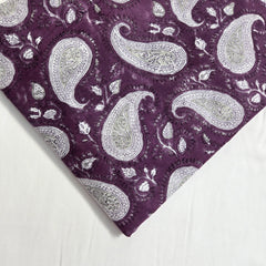 Digitally Printed Off-white Paisley on Light Plum Mal Cotton Fabric