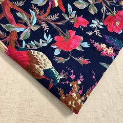 Digitally Printed Navy Blue Cotton Fabric with Floral & Bird Motifs
