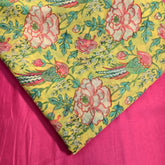 Digitally Printed Multicolor Floral Mal Cotton Fabric on Lemon Yellow Base